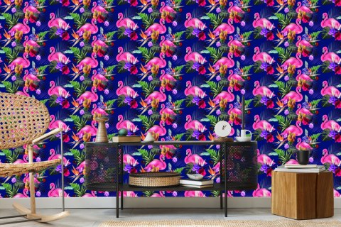 Tapeta Do Salonu, Ptaki, Flamingi, Kwiaty, Rośliny