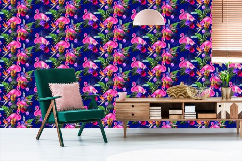 Tapeta Do Salonu, Ptaki, Flamingi, Kwiaty, Rośliny