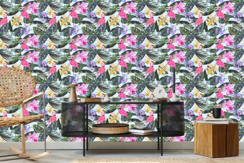 Tapeta Flamingi, Kwiaty, Liście, Przyroda, Salon