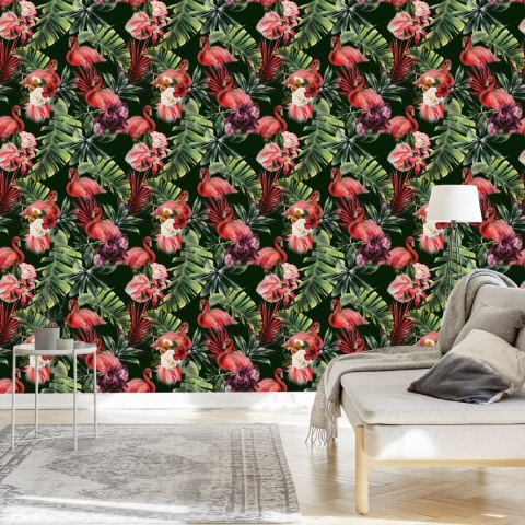 Tapeta Flamingi, Róże, Kwiaty, Zieleń, Do Sypialni