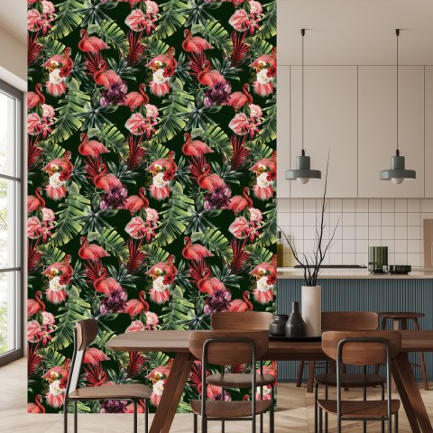 Tapeta Flamingi, Róże, Kwiaty, Zieleń, Do Sypialni