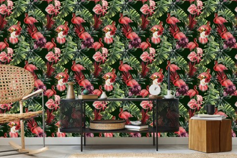 Tapeta Flamingi, Róże, Kwiaty, Zieleń, Do Sypialni