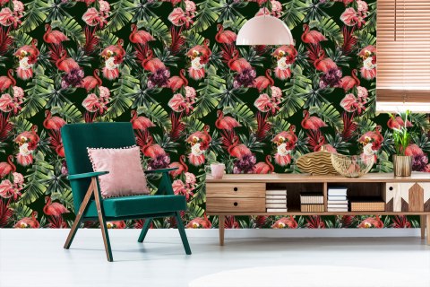 Tapeta Flamingi, Róże, Kwiaty, Zieleń, Do Sypialni