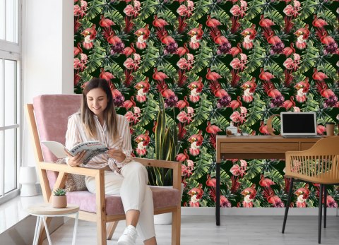 Tapeta Flamingi, Róże, Kwiaty, Zieleń, Do Sypialni