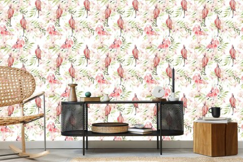 Tapeta Z Flamingami, Kwiaty, Liście, Do Sypialni