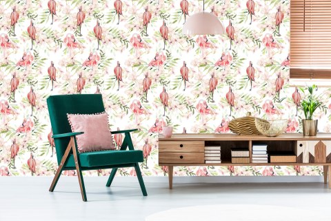 Tapeta Z Flamingami, Kwiaty, Liście, Do Sypialni
