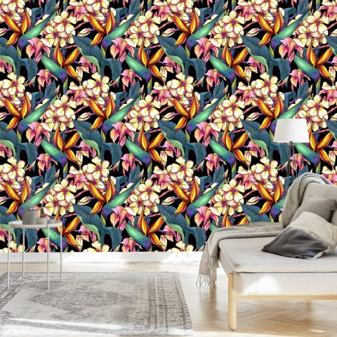 Tapeta Liście Tropikalne Z Kwiatami