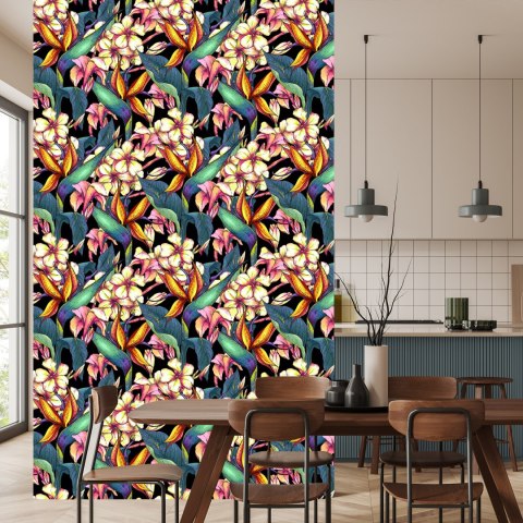 Tapeta Liście Tropikalne Z Kwiatami