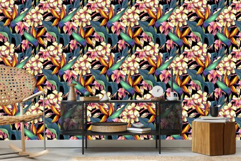 Tapeta Liście Tropikalne Z Kwiatami