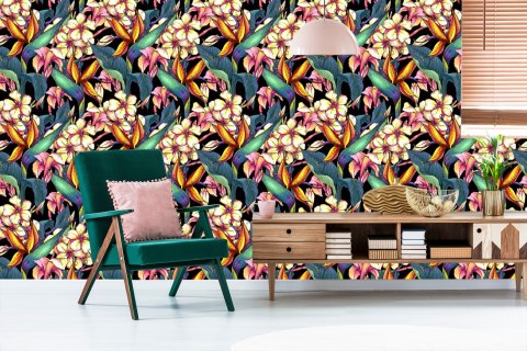 Tapeta Liście Tropikalne Z Kwiatami