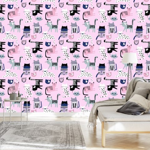 Tapeta Dla Dzieci - Kolorowe Kotki Na Różowym Tle