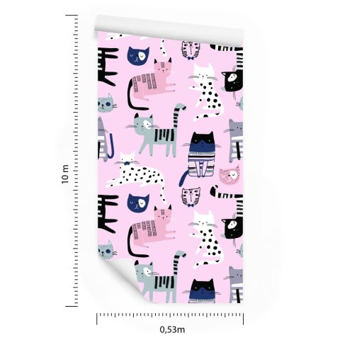 Tapeta Dla Dzieci - Kolorowe Kotki Na Różowym Tle