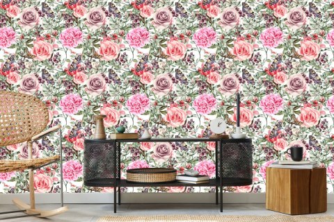 Tapeta Kolorowe Róże I Peonie-Akwarela