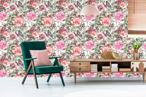 Tapeta Kolorowe Róże I Peonie-Akwarela