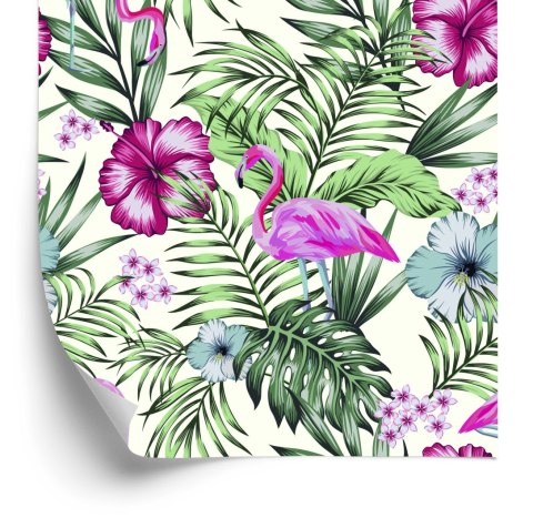 Tapeta Tropikalna - Flamingi, Liście I Kwiaty