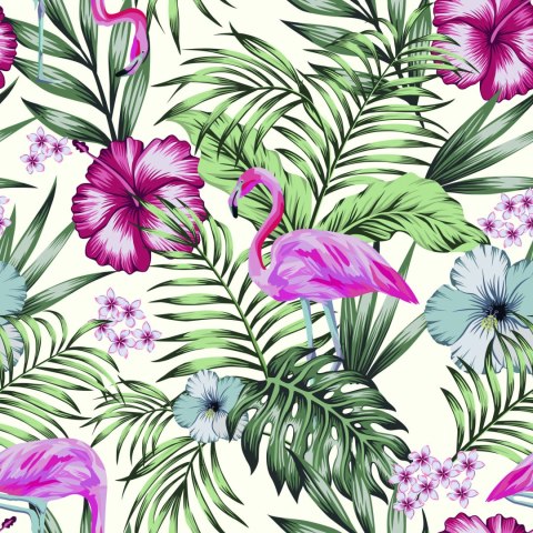 Tapeta Tropikalna - Flamingi, Liście I Kwiaty