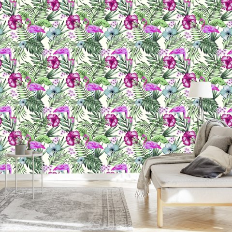 Tapeta Tropikalna - Flamingi, Liście I Kwiaty