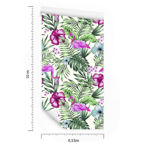 Tapeta Tropikalna - Flamingi, Liście I Kwiaty