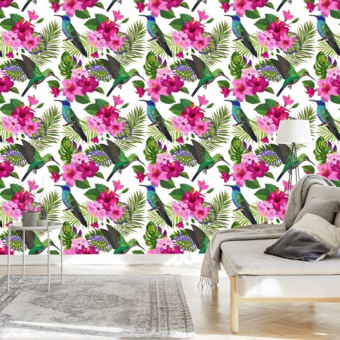 Tapeta Tropikalna - Kolorowe Kolibry, Liście I Kwiaty