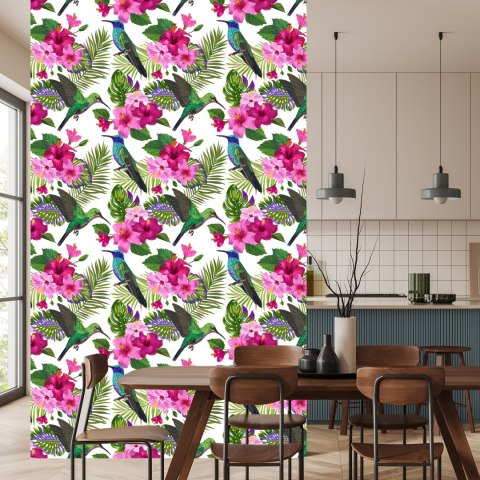 Tapeta Tropikalna - Kolorowe Kolibry, Liście I Kwiaty