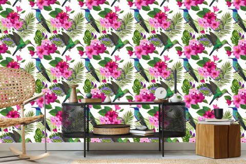 Tapeta Tropikalna - Kolorowe Kolibry, Liście I Kwiaty