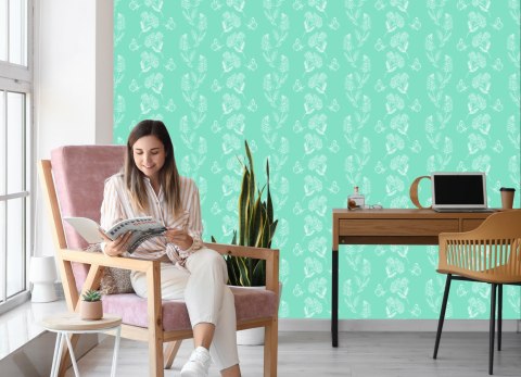 Tapeta Zioła I Motyle Na Turkusowym Tle