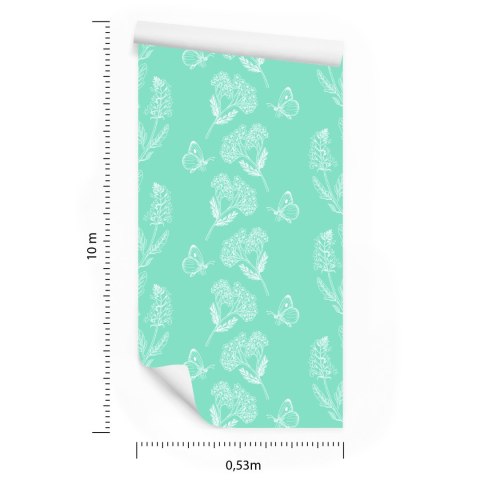 Tapeta Zioła I Motyle Na Turkusowym Tle