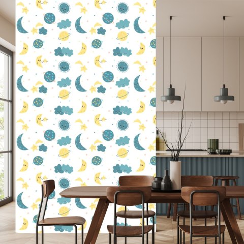 Tapeta Dla Dzieci - Kolorowe Gwiazdy, Planety, Księżyce I Chmury