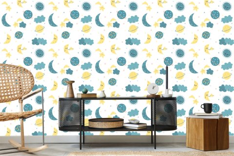 Tapeta Dla Dzieci - Kolorowe Gwiazdy, Planety, Księżyce I Chmury