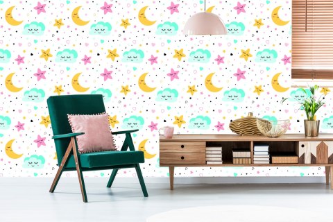 Tapeta Dla Dzieci - Kolorowe Śpiące Gwiazdki, Chmurki I Księżyce
