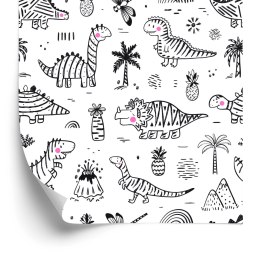 Tapeta Dla Dzieci Dinozaury, Drzewa, Góry, Kwiaty