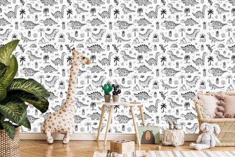 Tapeta Dla Dzieci Dinozaury, Drzewa, Góry, Kwiaty