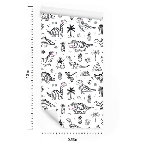 Tapeta Dla Dzieci Dinozaury, Drzewa, Góry, Kwiaty