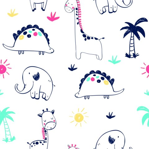 Tapeta Dla Dzieci, Dinozaury Palmy Rośliny Słońce