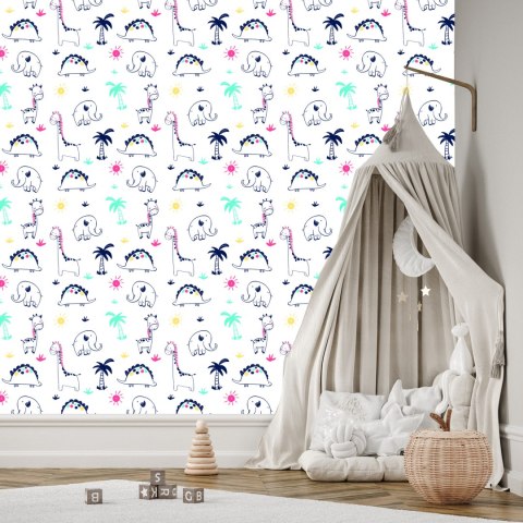 Tapeta Dla Dzieci, Dinozaury Palmy Rośliny Słońce