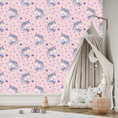 Tapeta Dla Dzieci - Śpiące Jednorożce Na Tle Gwiazd I Serduszek