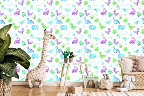 Tapeta Dla Chłopca Dinozaury Liście Chmury