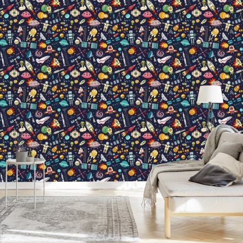 Tapeta Dla Dzieci - Planety, Gwiazdy, Rakiety I Kosmonauci