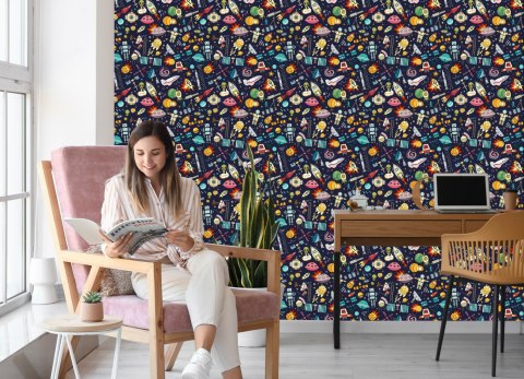 Tapeta Dla Dzieci - Planety, Gwiazdy, Rakiety I Kosmonauci