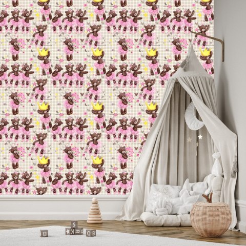 Tapeta Dla Dziewczynki Kratka, Misie, Kwiaty, Róże