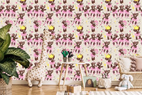 Tapeta Dla Dziewczynki Kratka, Misie, Kwiaty, Róże