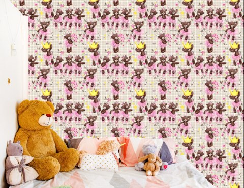 Tapeta Dla Dziewczynki Kratka, Misie, Kwiaty, Róże