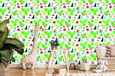 Tapeta Do Pokoju Chłopca Liście, Zieleń, Zwierzęta