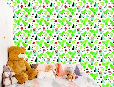 Tapeta Do Pokoju Chłopca Liście, Zieleń, Zwierzęta