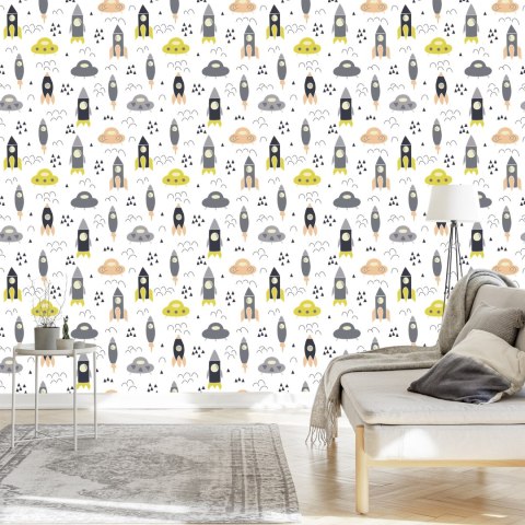 Tapeta Kosmos, Chmurki, Rakiety, Do Pokoju Dziecka