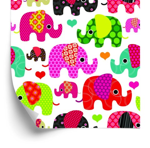 Tapeta W Kolorowe Słonie, Serduszka, Pokój Dziecka