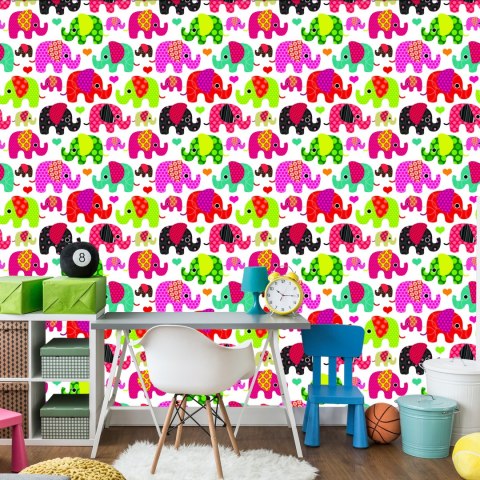 Tapeta W Kolorowe Słonie, Serduszka, Pokój Dziecka