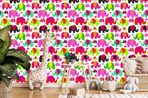 Tapeta W Kolorowe Słonie, Serduszka, Pokój Dziecka