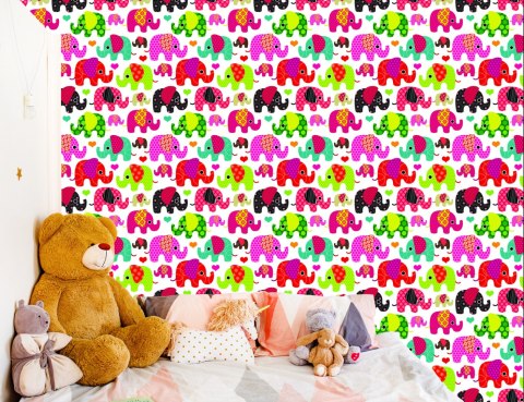 Tapeta W Kolorowe Słonie, Serduszka, Pokój Dziecka
