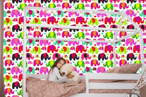 Tapeta W Kolorowe Słonie, Serduszka, Pokój Dziecka